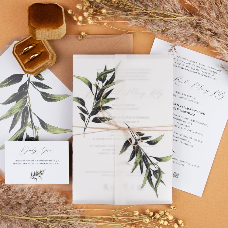 Botaniczne zaproszenia ślubne z motywem gałązki oliwnej - Boho - PRÓBKA